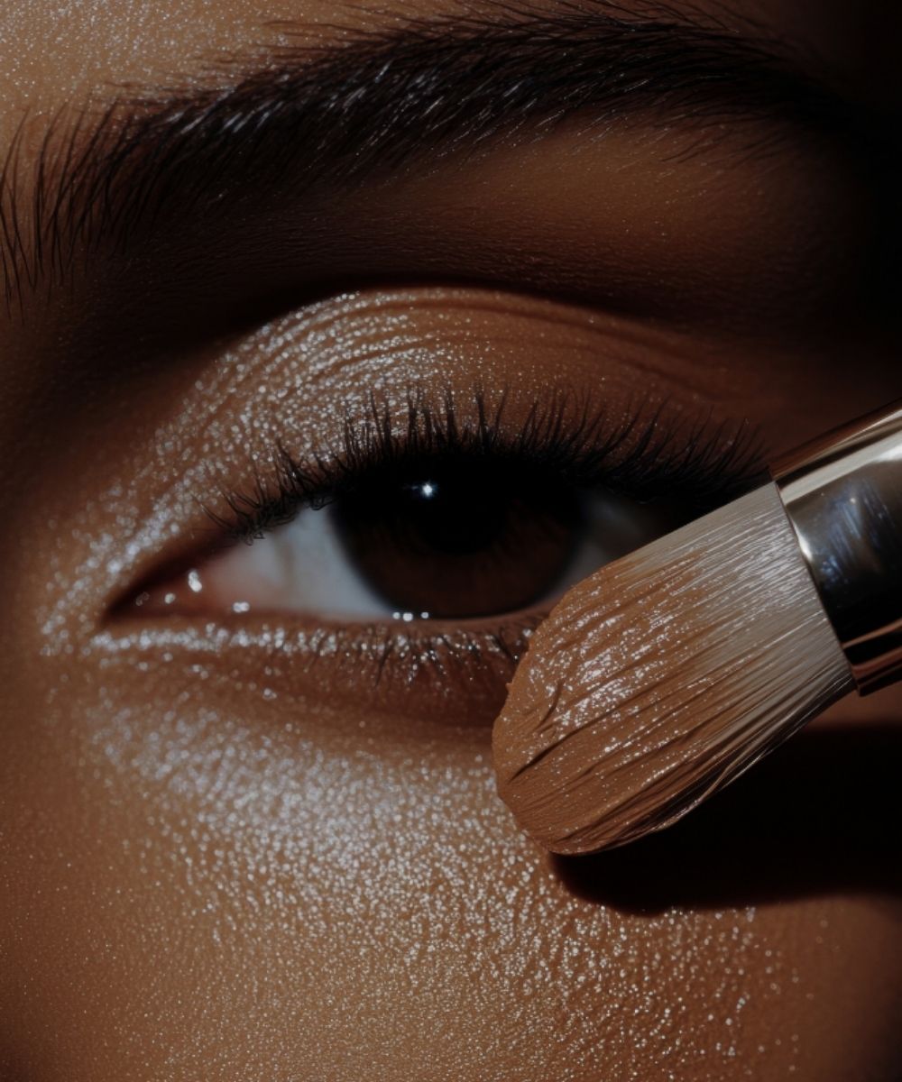 Close-up of a person applying brown makeup to their eyelid with a brush.
