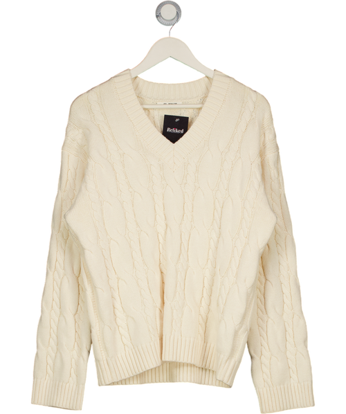 4th & Reckless Cable Knit V Neck Jumper In Cream UK 8