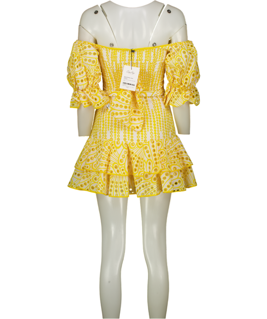 CHARO RUIZ IBIZA Yellow Jean Broderie Puff Sleeve Belted Mini Dress UK S