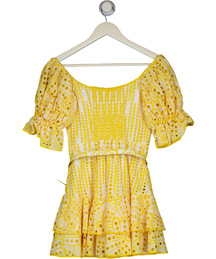 CHARO RUIZ IBIZA Yellow Jean Broderie Puff Sleeve Belted Mini Dress UK S