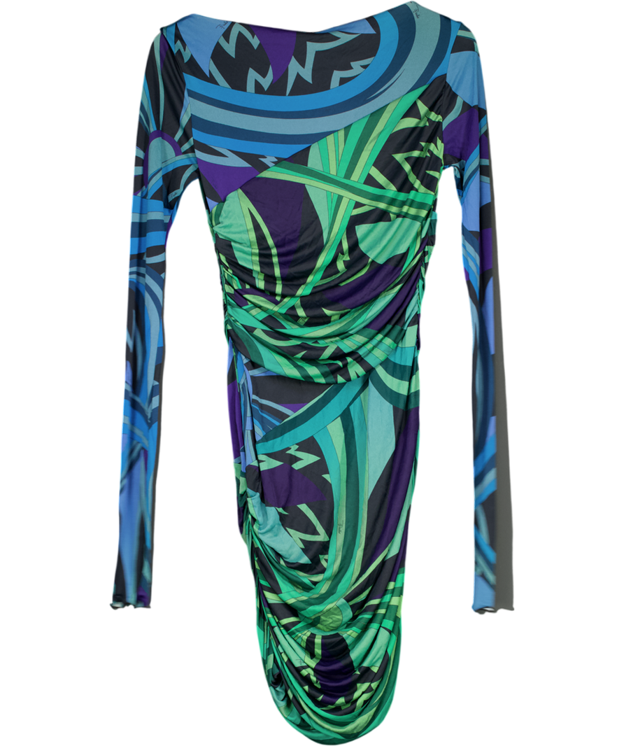 Emilio Pucci Blue / Green Stretch Jersey Abstract Print Ruched Side Midi Dress UK 12