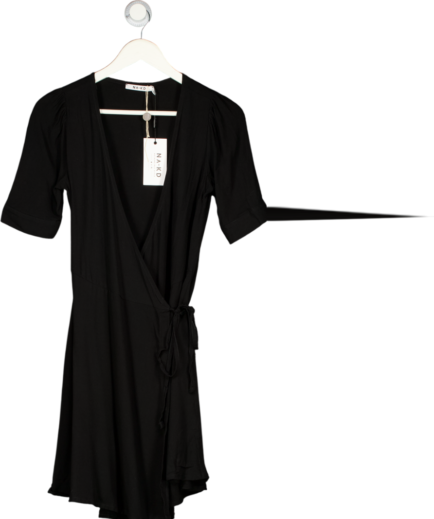 NA-KD Black Puff Sleeve Wrap Mini Dress UK 6