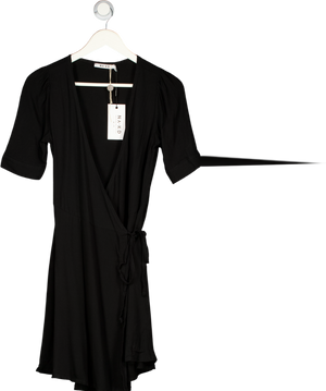 NA-KD Black Puff Sleeve Wrap Mini Dress UK 6