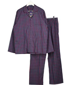 THE SAVILLE ROW COMPANY Navy Blue / Burgundy Check Cotton Pyjama Set UK L