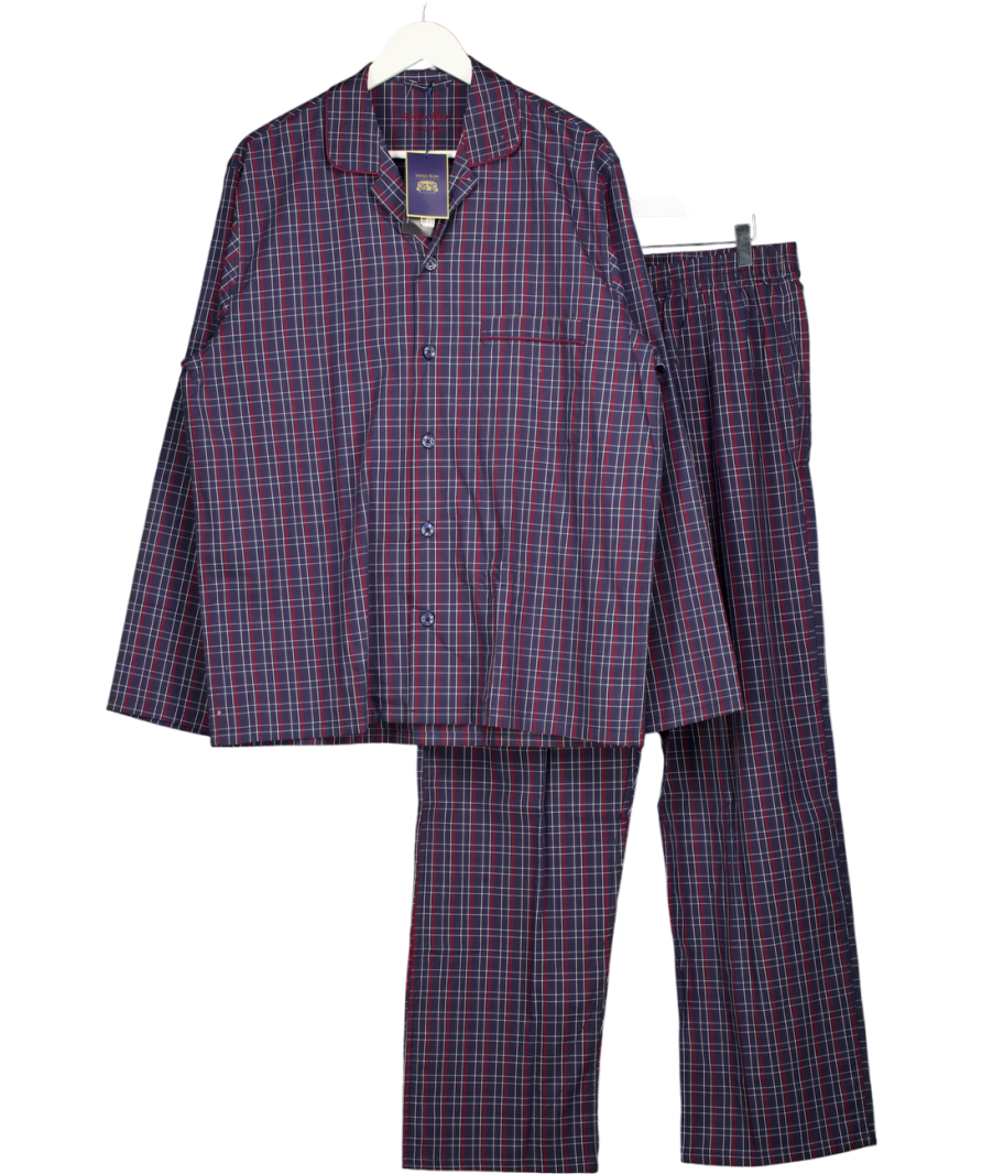 THE SAVILLE ROW COMPANY Navy Blue / Burgundy Check Cotton Pyjama Set UK L