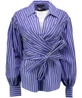Karen Millen Blue Stripe Cotton Poplin Drama Sleeve Woven Wrap Detail Blouse UK 10
