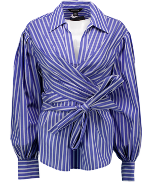 Karen Millen Blue Stripe Cotton Poplin Drama Sleeve Woven Wrap Detail Blouse UK 10