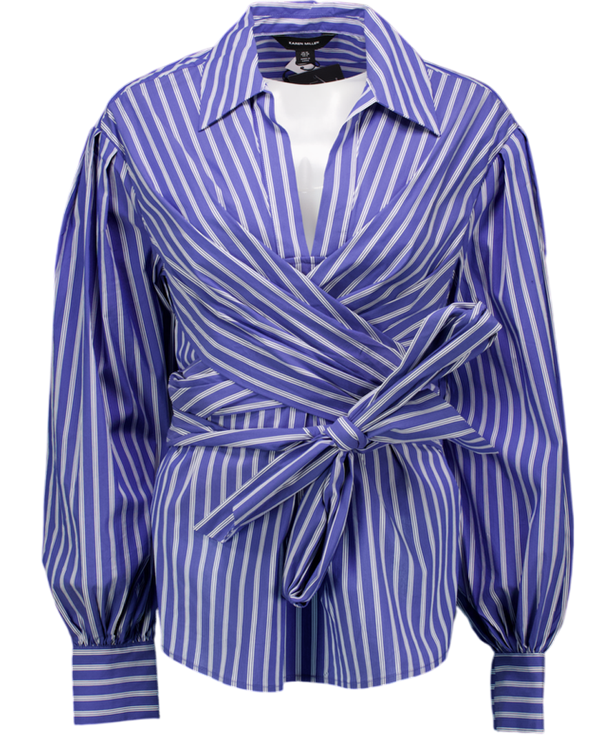 Karen Millen Blue Stripe Cotton Poplin Drama Sleeve Woven Wrap Detail Blouse UK 10