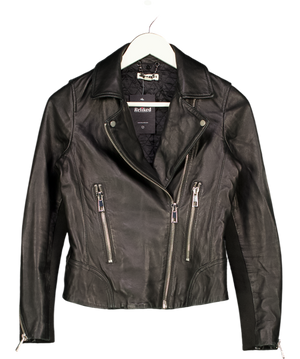 WHISTLES Black Leather Biker Jacket With Silver Hardware UK 6