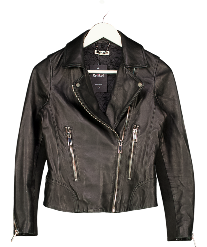 WHISTLES Black Leather Biker Jacket With Silver Hardware UK 6