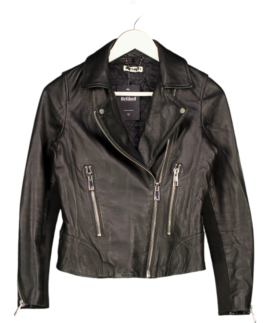 WHISTLES Black Leather Biker Jacket With Silver Hardware UK 6