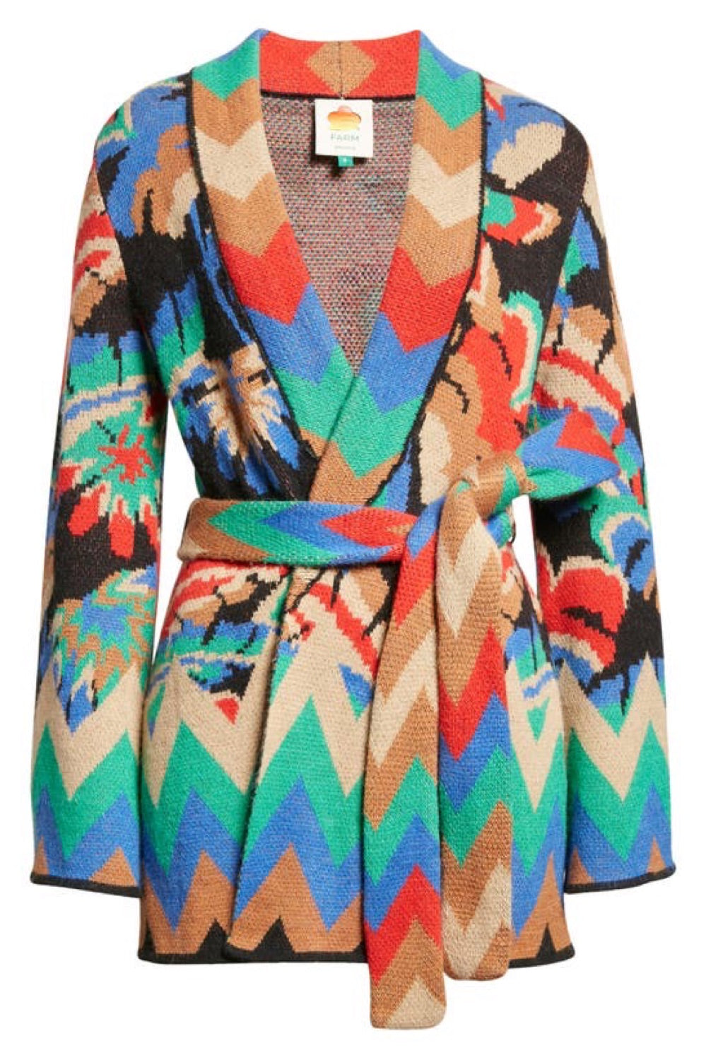 Farm Rio Multicoloured Chevron Forest Jacquard Belted Cardigan UK XS