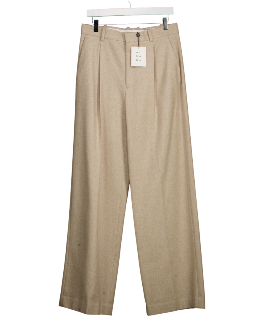 almada label Beige Penny Pleated Wool Trousers UK L