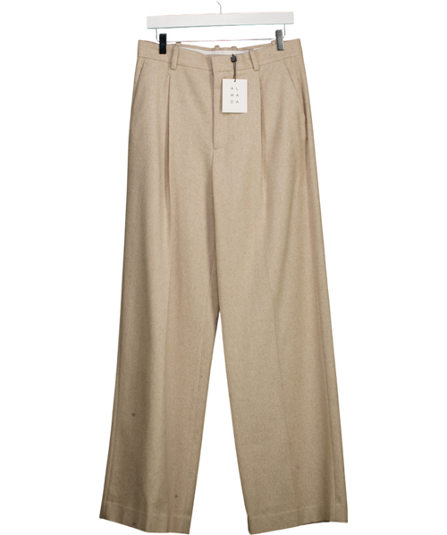 almada label Beige Penny Pleated Wool Trousers UK L