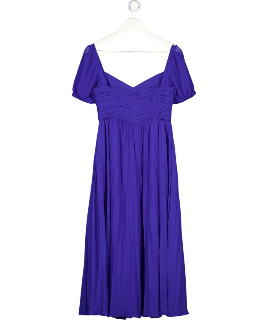 SELF PORTRAIT Cobalt Blue Pleated Chiffon Puff Sleeve Sweetheart Neck Midi Dress UK 10