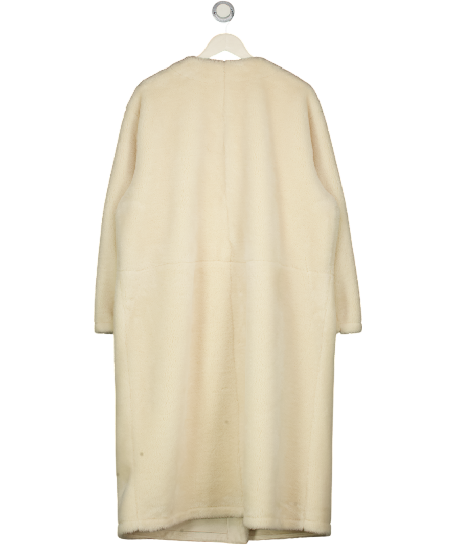 M&S Cream Borg Collarless Double Breasted Longline Coat UK L