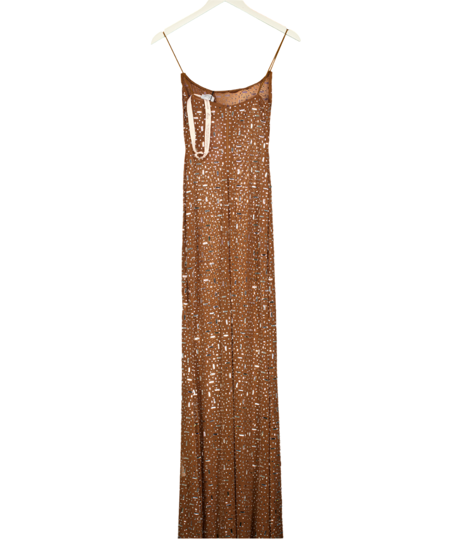 Oh Polly Brown Antonella Sheer Embellished Scoop Neck Evening Gown In Almond UK 8