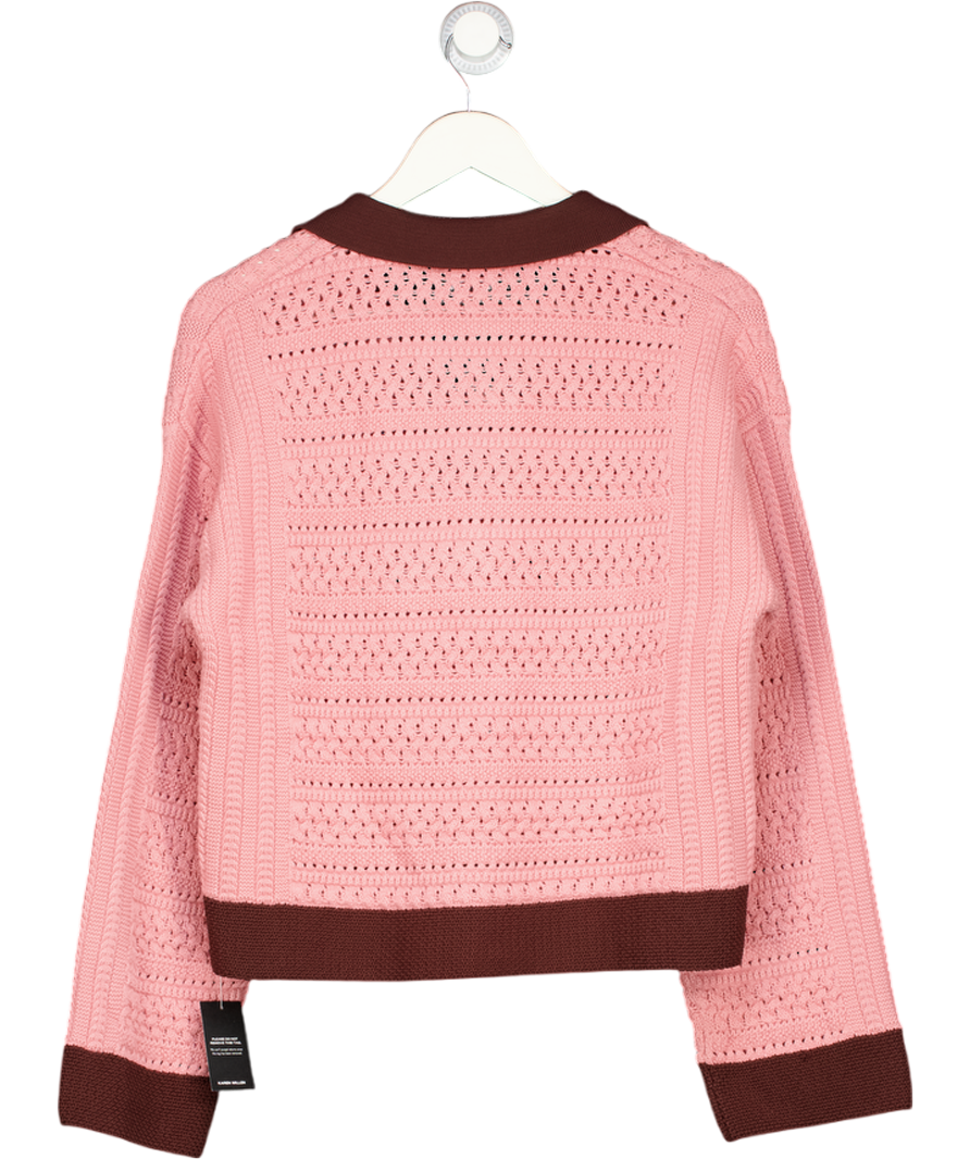 Karen Millen Pink Cotton Contrast Tipping Collared V Neck Knitted Jumper UK XS