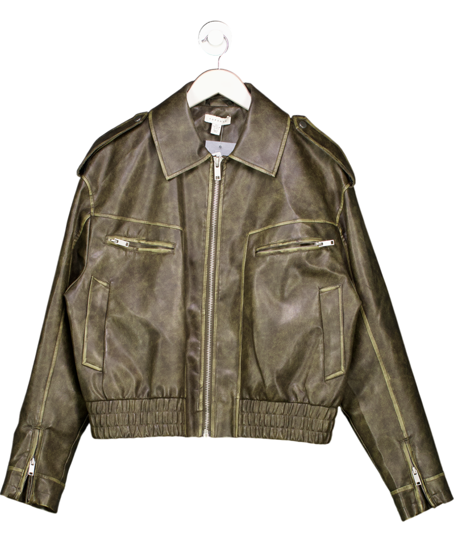 Topshop Brown Distressed Faux Leather Zip Bomber Jacket UK S