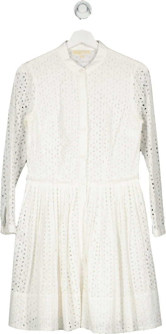 MICHAEL KORS White Geo Eyelet Cotton Shirt Dress UK S