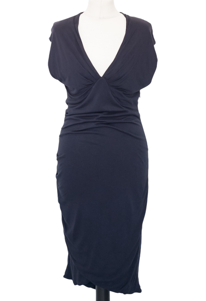 ME + EM Navy Blue Double Layer Viscose Jersey Fitted Midi Dress UK L