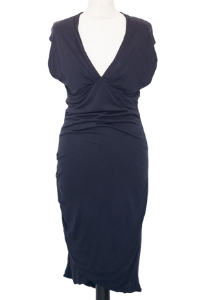 ME + EM Navy Blue Double Layer Viscose Jersey Fitted Midi Dress UK L