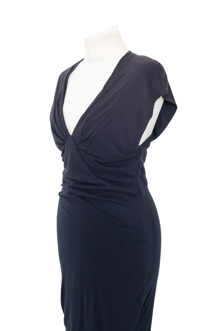 ME + EM Navy Blue Double Layer Viscose Jersey Fitted Midi Dress UK L