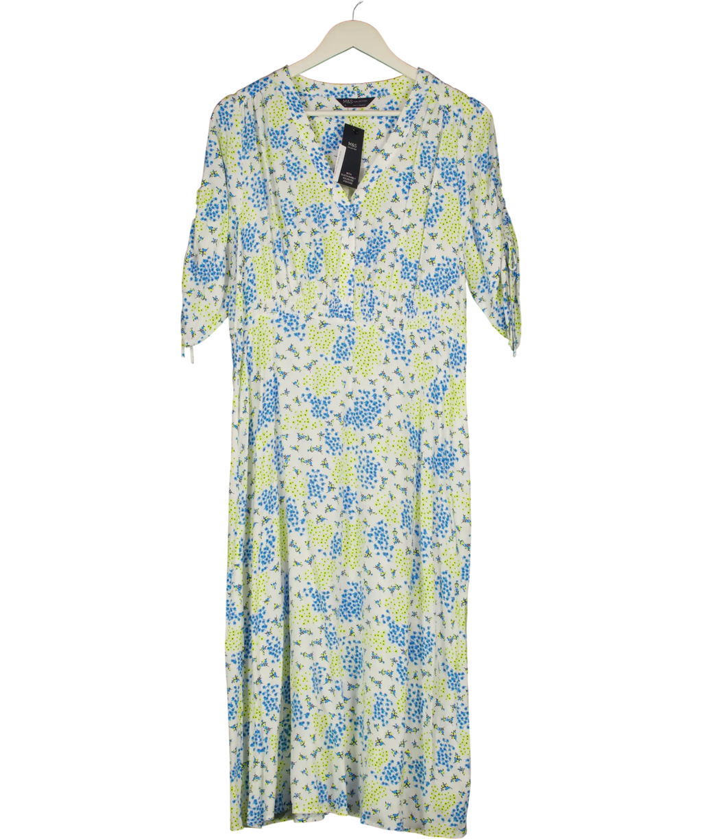 M&S Collection White / Blue Floral Smocked Waist Midi Dress UK 16