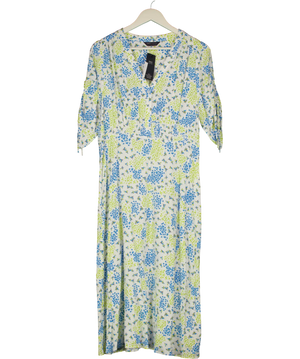 M&S Collection White / Blue Floral Smocked Waist Midi Dress UK 16