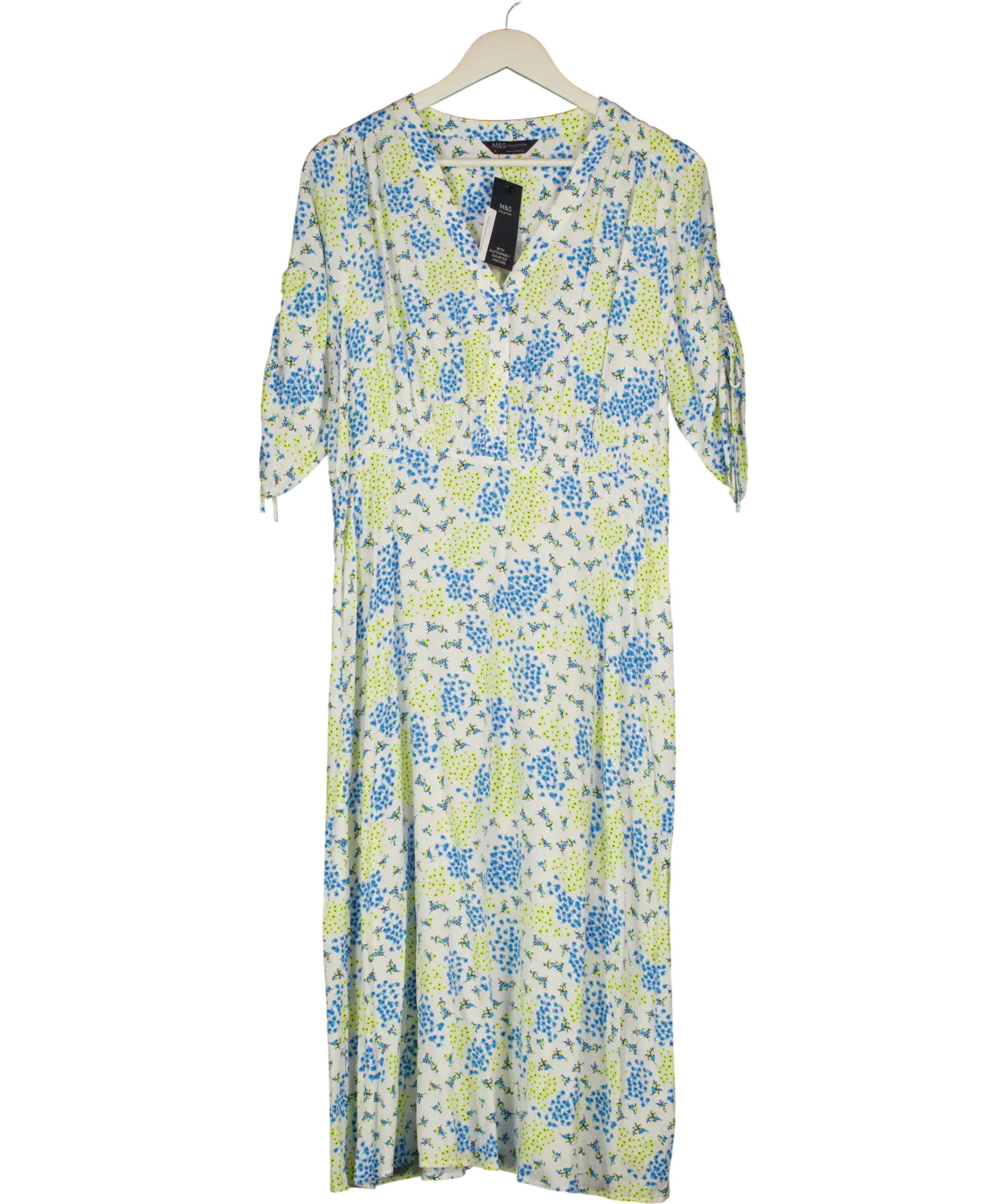 M&S Collection White / Blue Floral Smocked Waist Midi Dress UK 16