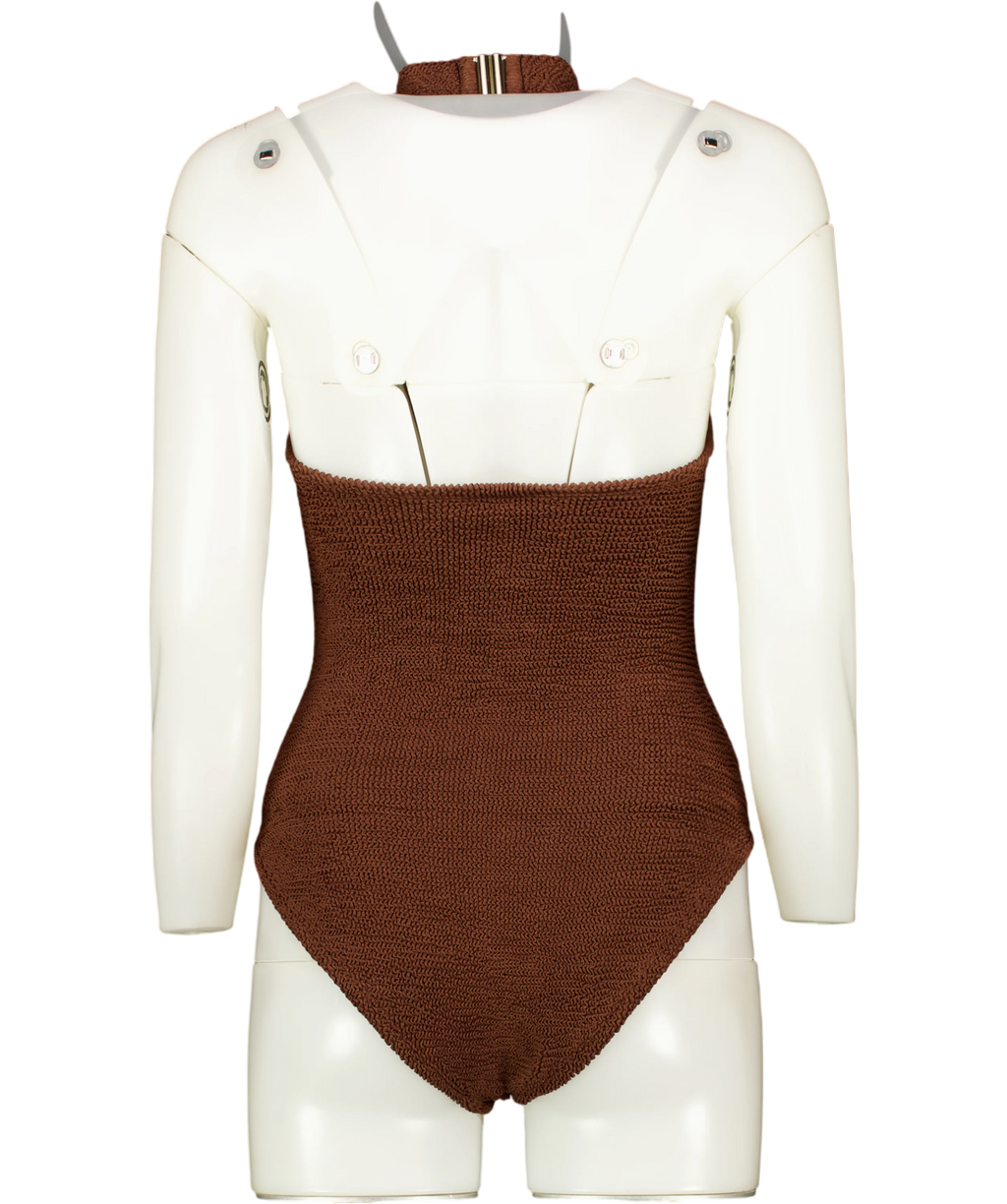 HUNZA G Chocolate Brown Polly Halterneck Seersucker Swimsuit One Size