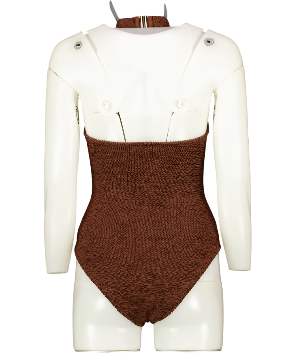 HUNZA G Chocolate Brown Polly Halterneck Seersucker Swimsuit One Size
