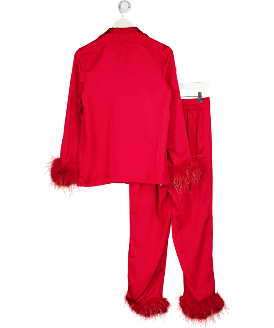 NADINE MERABI 2-piece Red Darcie  Embellished Button Satin Feather Trim Set UK S
