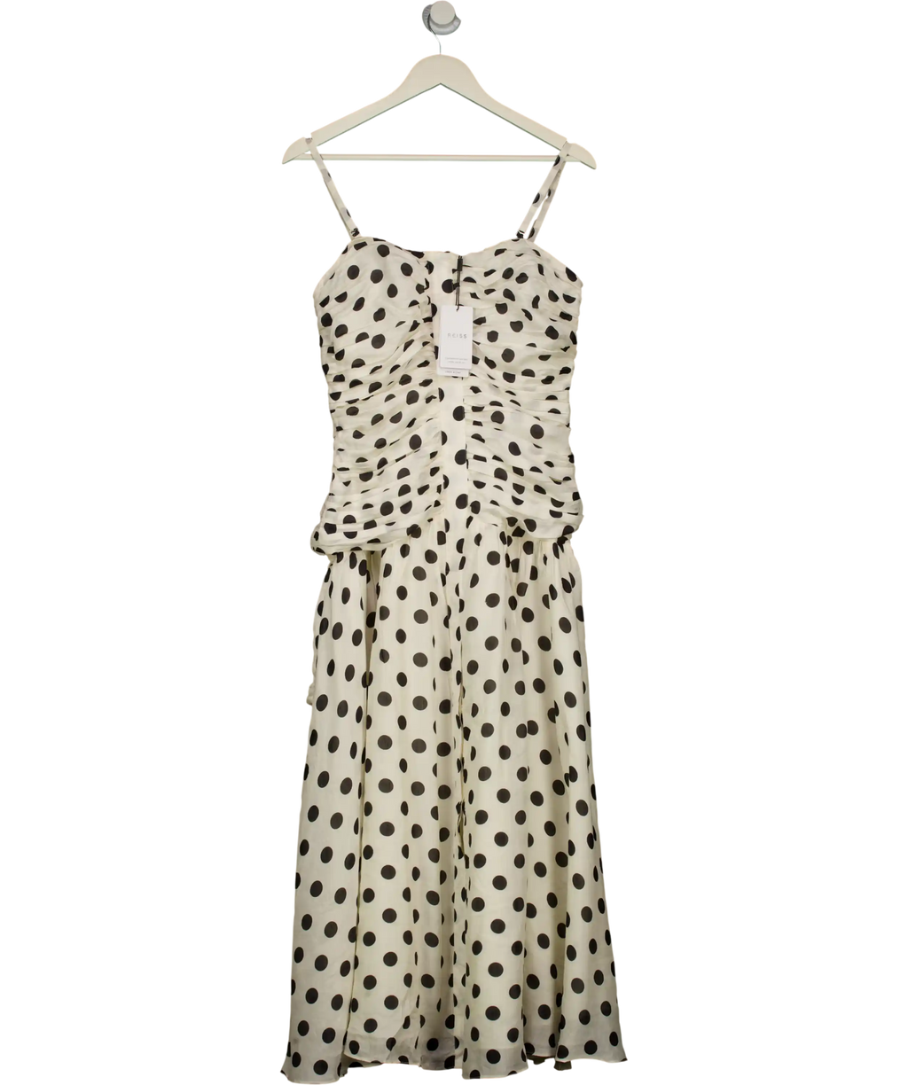 REISS White / Black Rue Viscose Linen Polka Dot Ruched Maxi Dress UK 12