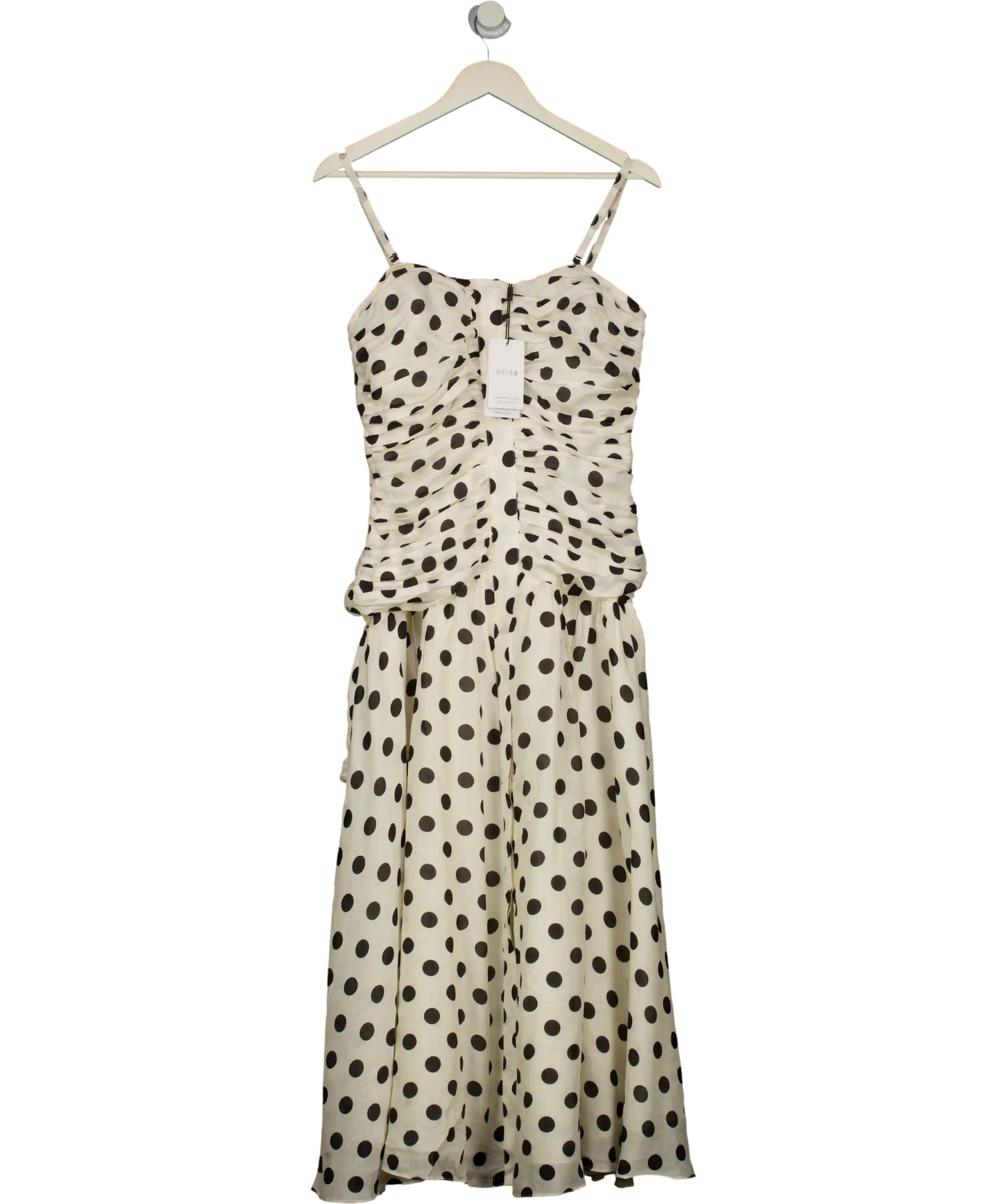 REISS White / Black Rue Viscose Linen Polka Dot Ruched Maxi Dress UK 12