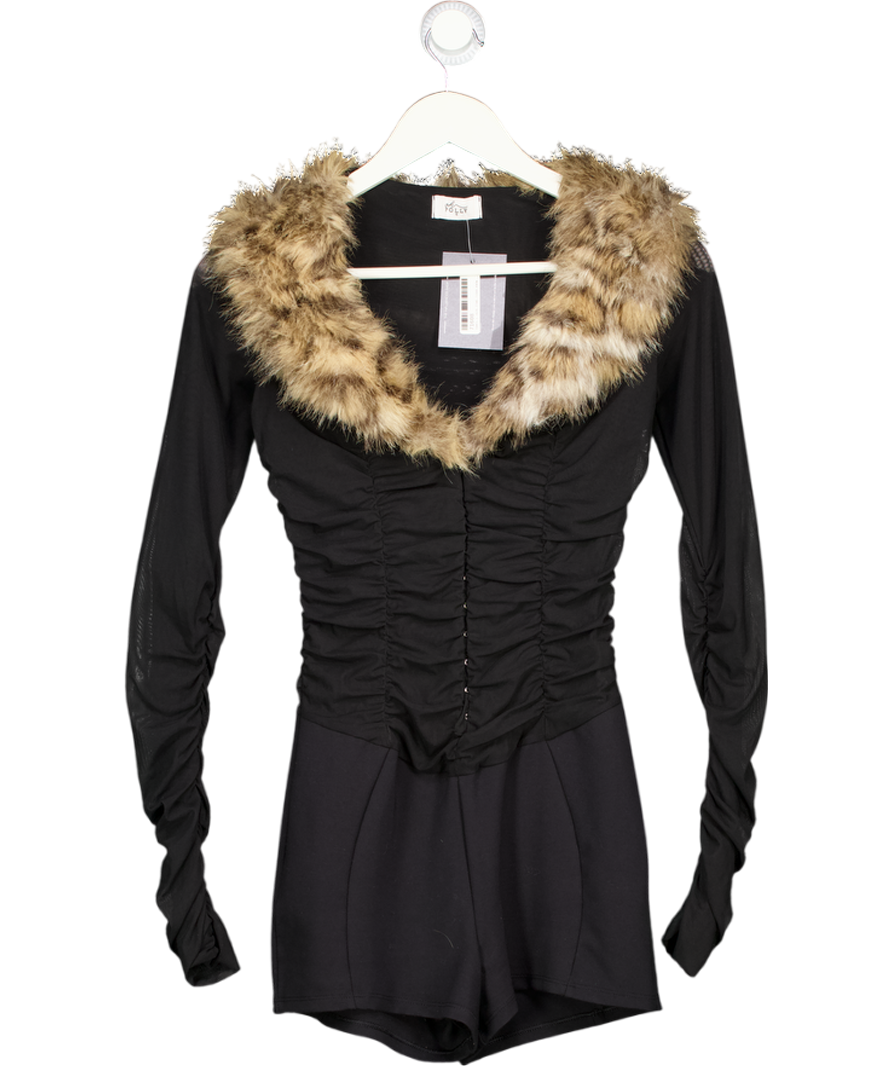 OH POLLY Black Faux Fur-trim Corset Playsuit UK S