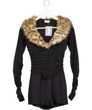 OH POLLY Black Faux Fur-trim Corset Playsuit UK S