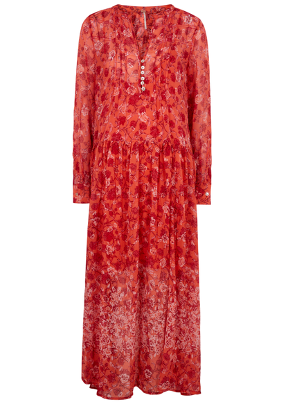Free People Coral Red See It Through lined floral Dress UK XS