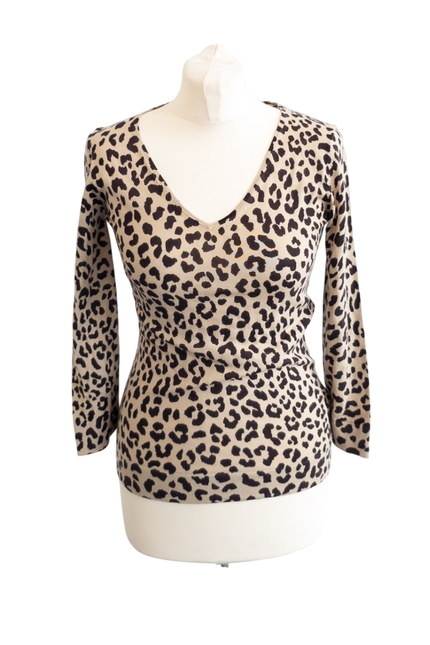 HOBBS Brown Animal Print V-neck Jumper UK XS