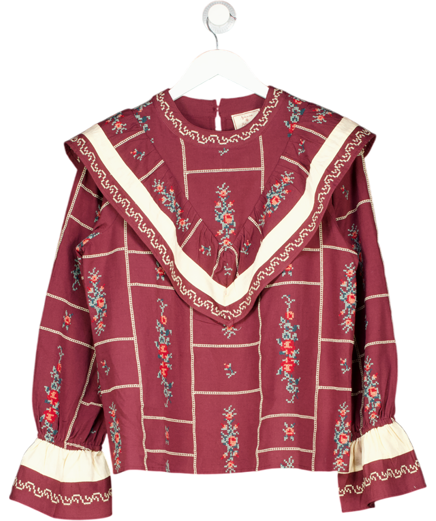 Sezane Red X Baziszt Burgundy  / Cream Embroidered Cotton-linen Long-sleeved Shirt Fr38 UK 10