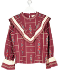 Sezane Red X Baziszt Burgundy  / Cream Embroidered Cotton-linen Long-sleeved Shirt Fr38 UK 10