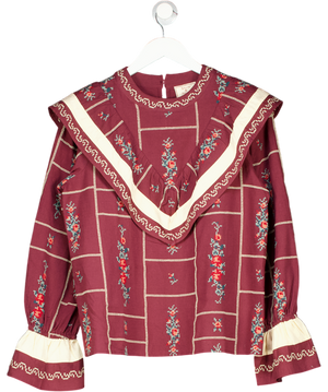 Sezane Red X Baziszt Burgundy  / Cream Embroidered Cotton-linen Long-sleeved Shirt Fr38 UK 10