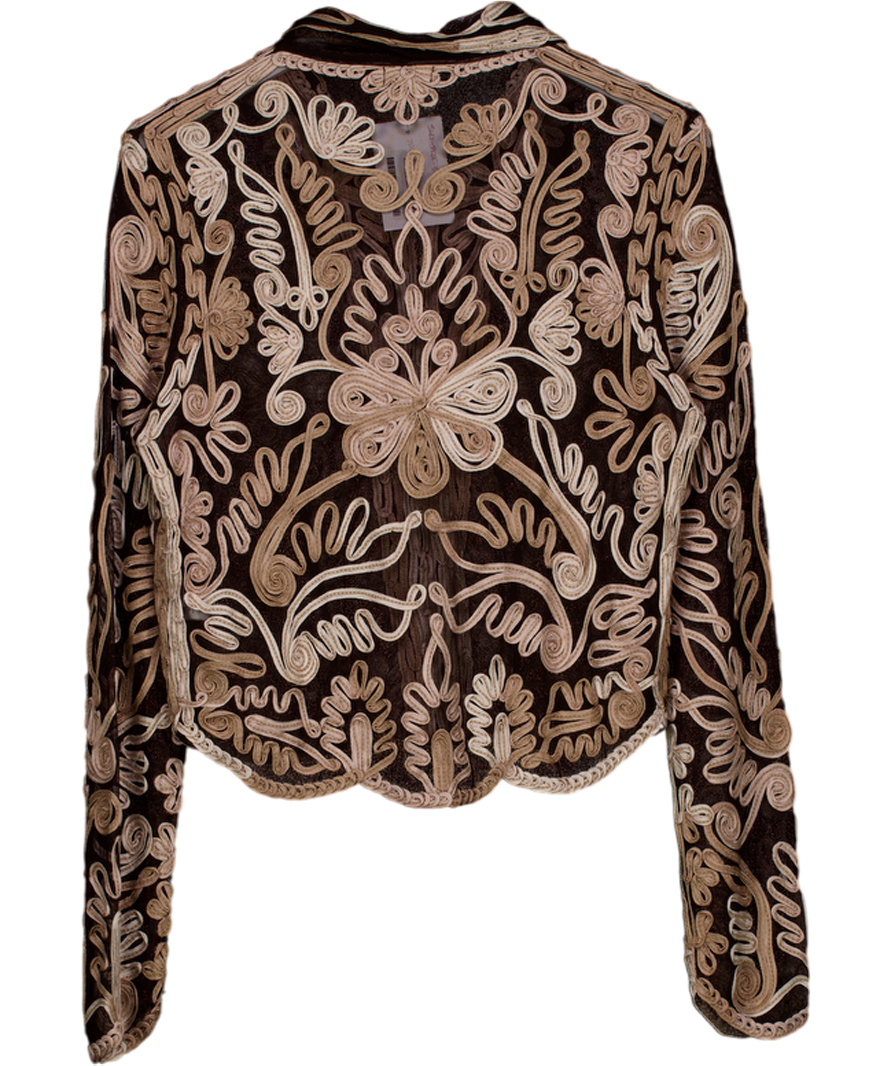 Phase Eight Brown Ribbon Tapework Appliqué Mesh Blouse UK S/M