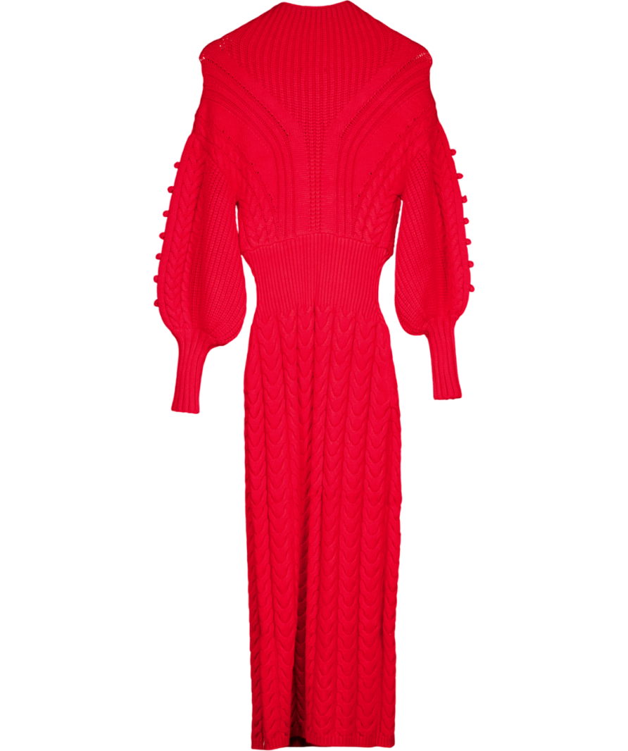 Karen Millen Red Bobble Detail Balloon Sleeve Cable Knit Viscose Blend Midi Dress UK XS