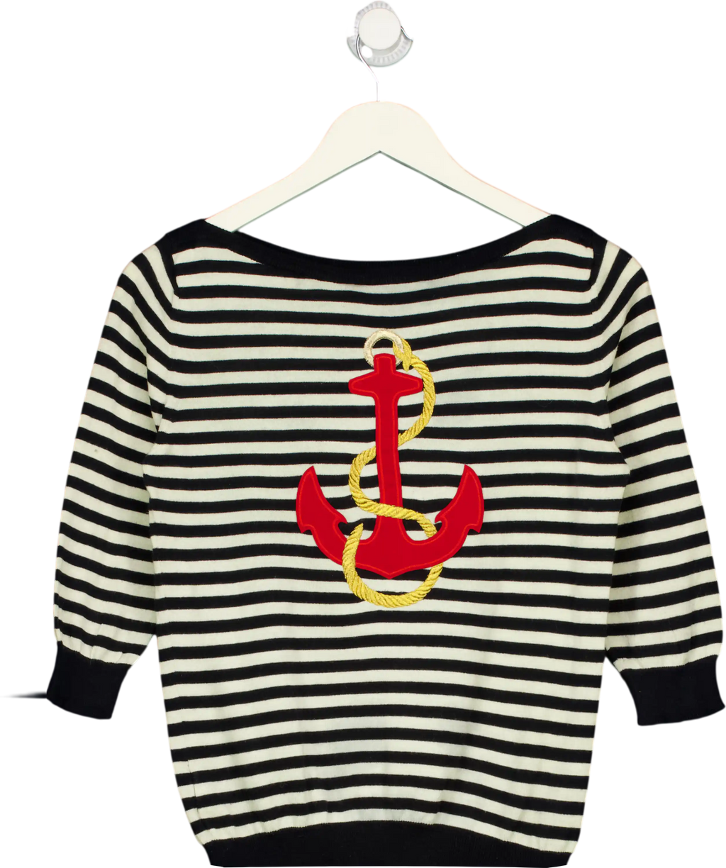 D&G DOLCE & GABBANA Black & White Striped Cotton Knit Jumper With Anchor Applique UK M