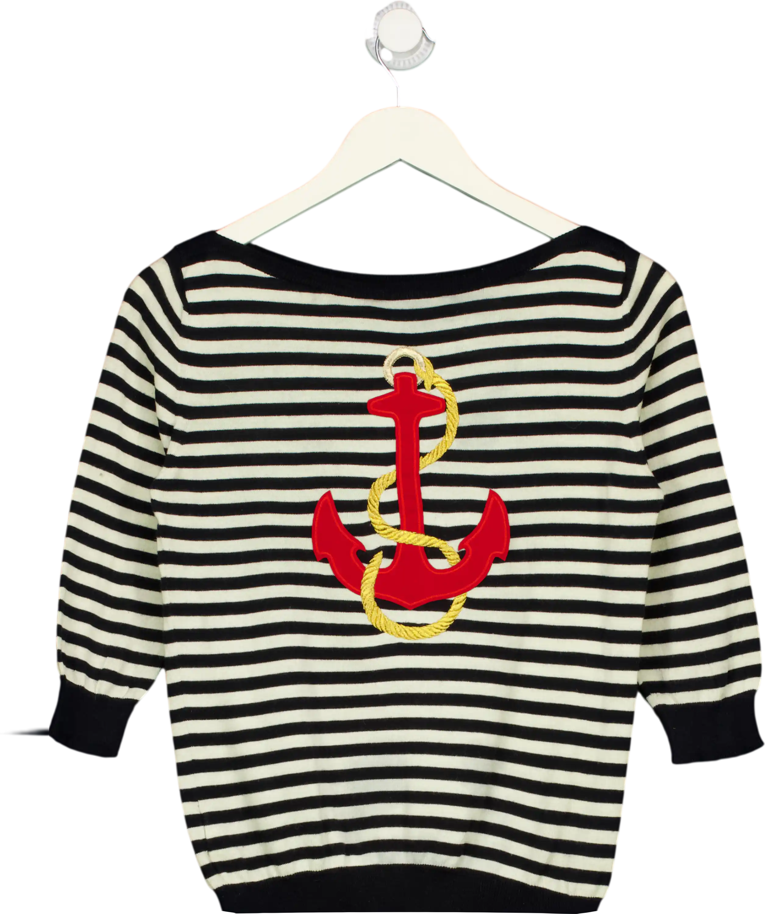 D&G DOLCE & GABBANA Black & White Striped Cotton Knit Jumper With Anchor Applique UK M