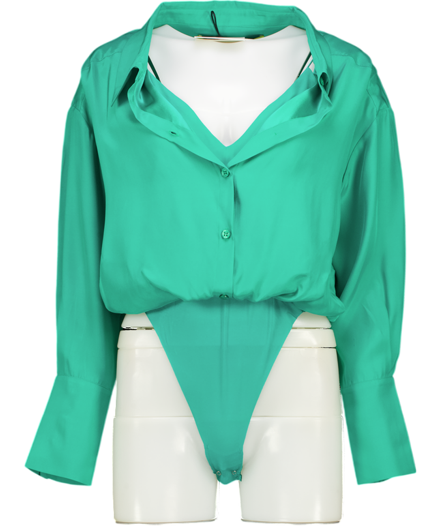 GAUGE81 Green 100% Silk Shirt Bodysuit With Built In Camisole UK M