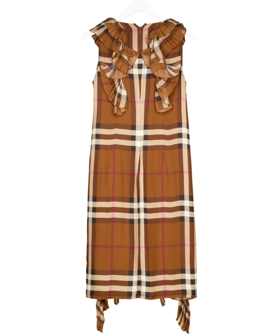 Burberry Brown Pleated Ruffle Detail Check Silk Georgette Dress UK 10