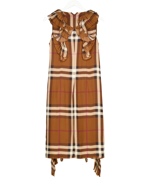Burberry Brown Pleated Ruffle Detail Check Silk Georgette Dress UK 10