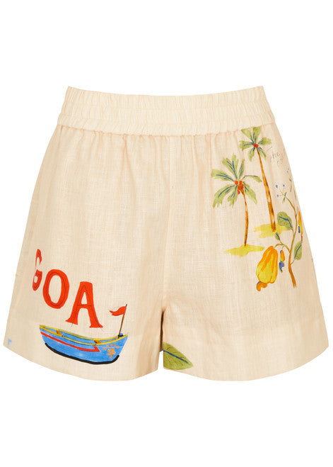 Rhode Resort Cream Kina "Goa" Printed Linen Shorts UK S